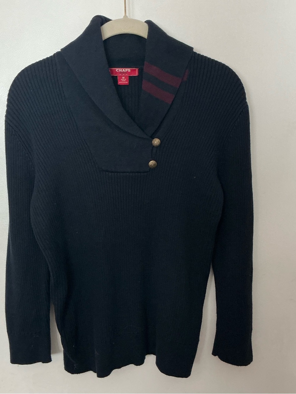 Women’s CHAPS DENIM Navy Blue Shawl Collar Ribbed Cotton Pullover Sweater Size M